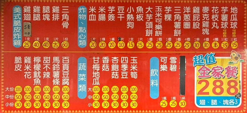 小山雞炸雞店菜單